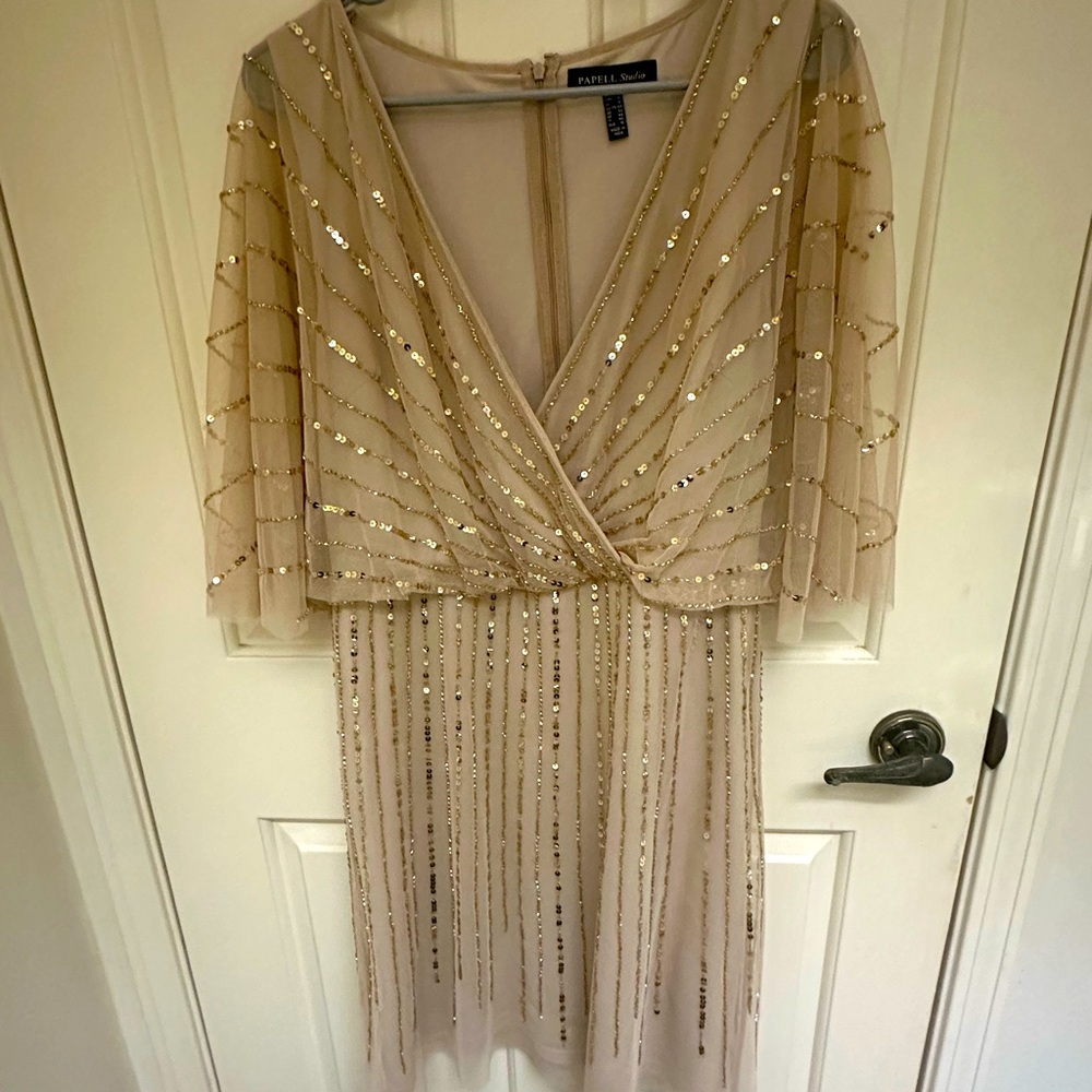 Beaded illusion Faux Wrap Short Sheath Dress - Picture 2 of 3